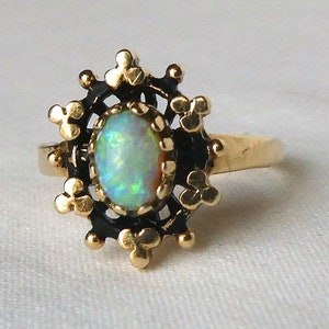 Antique Opal Black Enamel Shamrock Ring in 14k Gold Brilliant Fiery Color