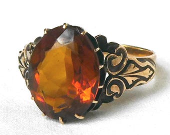 Antique Victorian 14k Gold Madeira Citrine Ring: Hand Carved Mount
