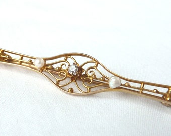 Antique Art Nouveau 10K Gold Diamond Seed Pearl Filigree Pin Lingerie Bar Brooch Pin Gift for Her