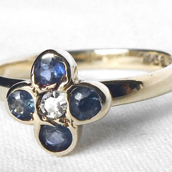 Dainty Vintage Sapphire Diamond Flower Quatrefoil Ring in 14k by SKAL, Minimalist Sapphire Diamond Ring 14k