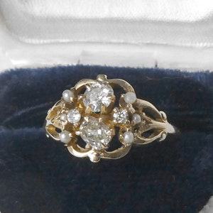 Antique Victorian Old European Diamond Seed Pearl 10k Gold Cluster Cocktail Ring .40Ctw