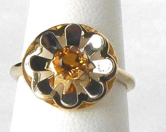 14k Gold Citrine Flower Ring Raised Petals 2 Tone 3D Reflective