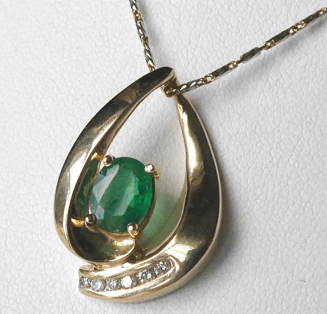 Genuine Emerald Diamond Slide Pendant 14k Gold Large Pear Teardrop May ...