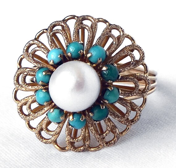 Vintage 18k Gold Persian Turquoise Akoya Pearl Dom