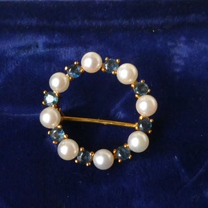 Vintage 14k Gold Pearl Sapphire Circle Brooch Pin by Franz Breuning FB