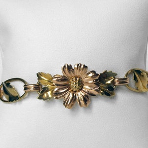 Antique Retro Art Deco 1940s Bracelet Oak Leaf Daisy Flower Bracelet 14k Rose Gold and Green Gold Bracelet