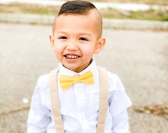 Yellow Bow Tie and Tan Suspender Set