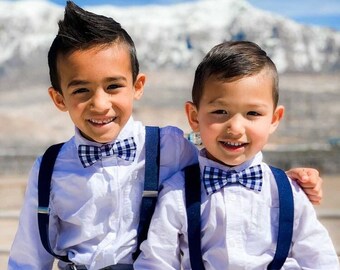 Navy Gingham Bow Tie and Navy Suspender Set