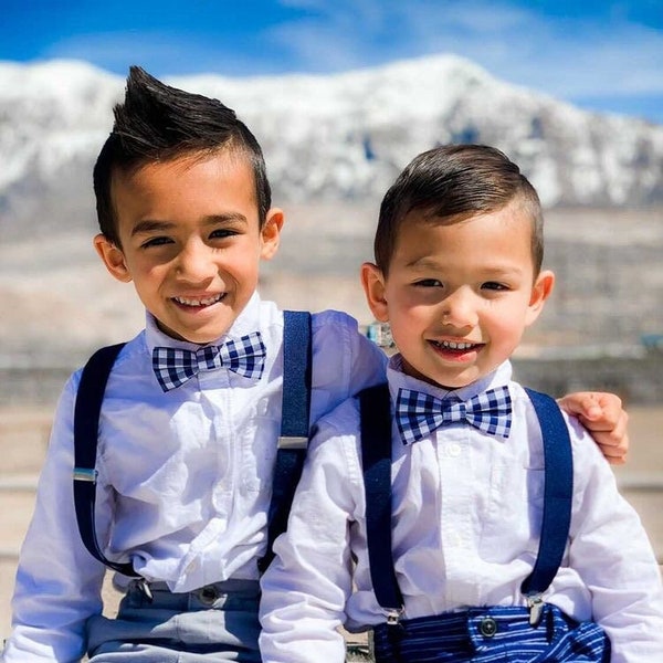 Navy Gingham Bow Tie and Navy Suspender Set