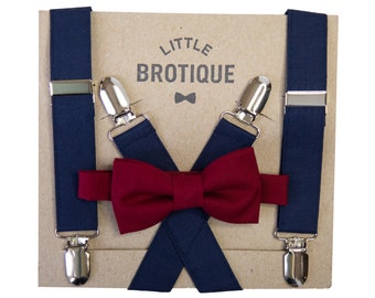 Burgundy/ Red Wine Bow Tie and Navy Suspender Set