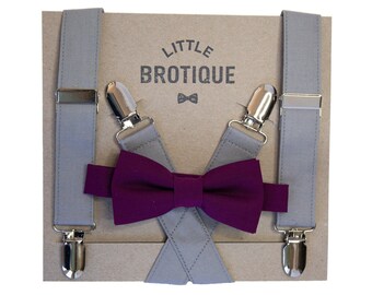 Sangria Bow Tie and Gray Suspender Set