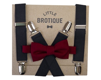 Black Suspenders with a Burgundy/ Red Wine Bow tie