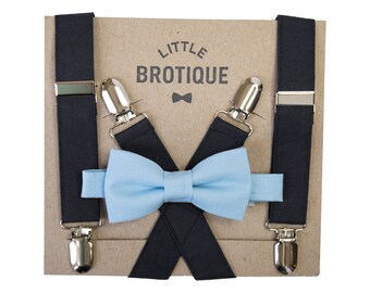 Black Suspenders with a Light Blue Bow tie