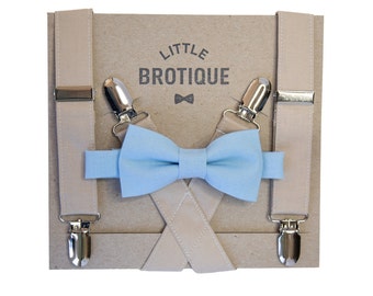 Light Blue Bow Tie and Tan Suspender Set