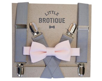 Blush/Petal Bow Tie and Gray Suspender Set