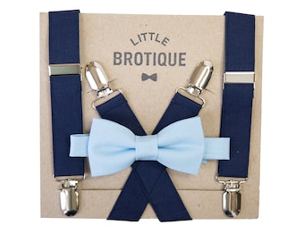 Navy Suspenders with a Light Blue Bow tie