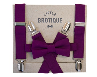 Plum Bow Tie and Suspender Set for men, boys, toddlers, and babies.