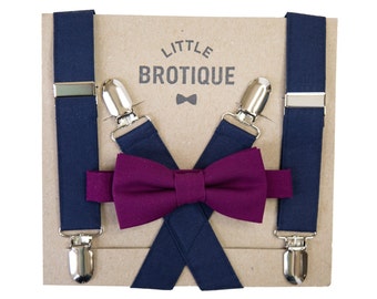 Plum Bow Tie and Navy Suspender Set