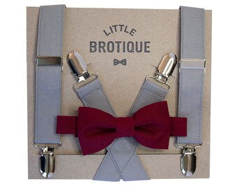Burgundy/ Red Wine Bow Tie and Gray Suspender Set