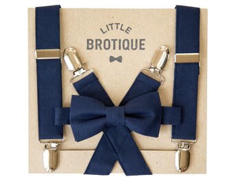 Navy Bow Tie and Suspender Set for men, boys, toddlers, and babies.