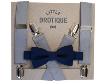 Navy Bow Tie and Gray Suspender Set
