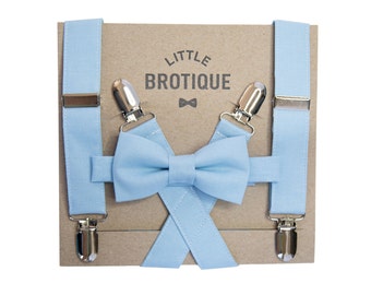 Light Blue Bow Tie and Suspender Set for babies, toddlers, boys, and men.