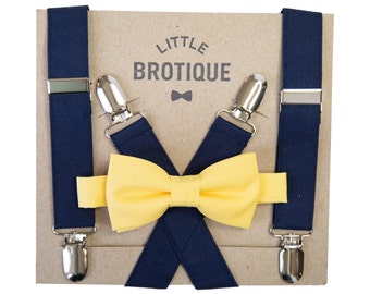 Yellow Bow Tie and Navy Suspender Set