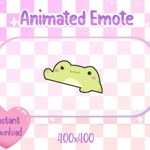 Puede incluir: Gráfico de Emote animado con una rana verde claro con una cara sonriente. La rana está sobre un fondo a cuadros rosa y blanco con el texto "Animated Emote" e "Instant Download". Las dimensiones de la imagen son 400x400 píxeles.