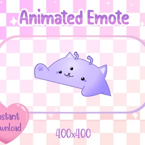 May include: Animated purple cat emote with three eyes and a pink background. The text "Animated Emote" is at the top of the image and "400x400" is at the bottom.