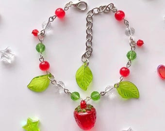 Handmade Strawberry Charm Bracelet | Cute Transparent Strawberry | Leaf Charms | Dainty Fruit Jewelry