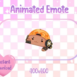 Puede incluir: Gráfico de Emote animado con un personaje de dibujos animados sonriente que lleva una gorra y auriculares. El personaje es marrón con detalles en naranja. Incluye el texto "Animated Emote", "Instant Download" y "400x400".