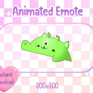 Puede incluir: Emote animado de una criatura extraterrestre verde con ojos grandes y una expresión linda. El emote tiene 400x400 píxeles y está disponible para descarga instantánea.