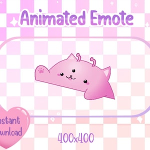 May include: Animated pink cat emote with a cute expression, waving hello. The emote is 400x400 pixels and is available for instant download.