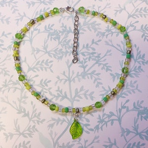 Handmade Green Beaded Choker with Leaf Charm