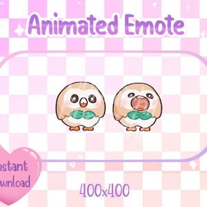 May include: Animated Emote graphic featuring two cartoon owls with tan and white feathers, green bow ties, and large eyes. One owl is open-mouthed. The background is pink and white checkered with the text "Animated Emote" and "Instant Download". The image size is 400x400 pixels.