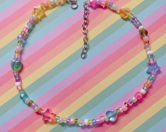 Handmade Colorful Pastel Stars & Hearts Beaded Choker