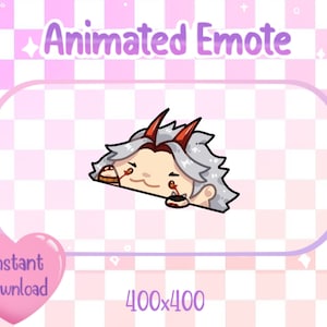 Op de afbeelding: Geanimeerde emote van een personage met wit haar, rode hoorns en een rood-witte outfit. Het personage kijkt naar rechts en heeft een ondeugende uitdrukking. De emote is 400x400 pixels.
