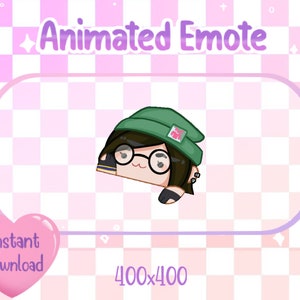 Könnte beinhalten: Animiertes Emoji eines Comic-Charakters mit braunen Haaren, der eine grüne Mütze und eine Brille trägt. Der Charakter schaut nach rechts. Der Hintergrund ist ein rosa-weißes Karomuster mit dem Text "Animated Emote" oben und "400x400" unten.
