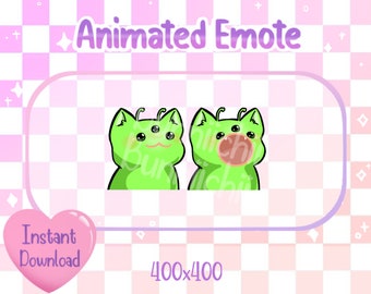 Puede incluir: Emoticono animado con un gato alienígena verde con tres ojos y una boca rosa. El emoticono tiene 400 píxeles por 400 píxeles.