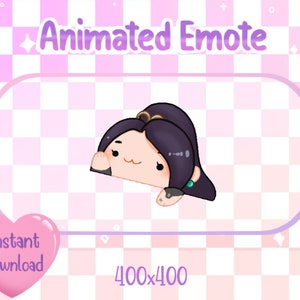 Può includere: Grafica di Emote animata con un personaggio dei cartoni animati che sbircia da un bordo curvo. Il personaggio ha i capelli scuri e un'espressione carina. Lo sfondo è un motivo a scacchi rosa e bianco con le parole "Animated Emote" e "Instant Download".