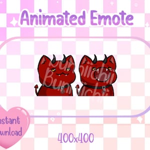 May include: Animated emote featuring a red cartoon cat with horns and a red collar. The cat has a mischievous expression with a wide open mouth and a tongue sticking out. The emote is 400x400 pixels.