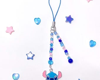Simpatico ciondolo per cellulare a forma di alieno blu Stitch / accessorio per borsa fatto a mano con perline