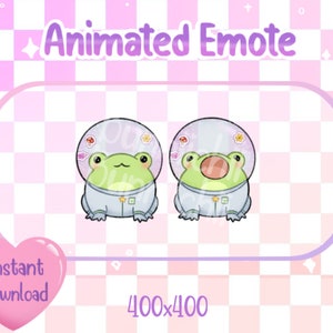 May include: Animated emote featuring a green frog wearing a white spacesuit with a star on the chest. The frog is wearing a helmet with purple and white flowers and mushrooms. The emote is 400x400 pixels.