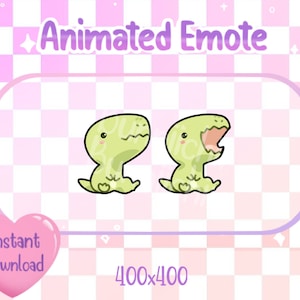 May include: Animated emote featuring a green dinosaur with a wide open mouth, and a second green dinosaur with a closed mouth. Both dinosaurs are cartoon-style and have large eyes. The background is a pink and white checkered pattern with a purple border.