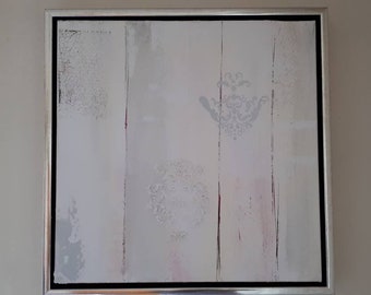 Bild "Ornament" abstrakt in weiß-rose-creme-grau, 50 x 50 x 3,5 mit silbernem Schattenfugenrahmen - UNIKATE