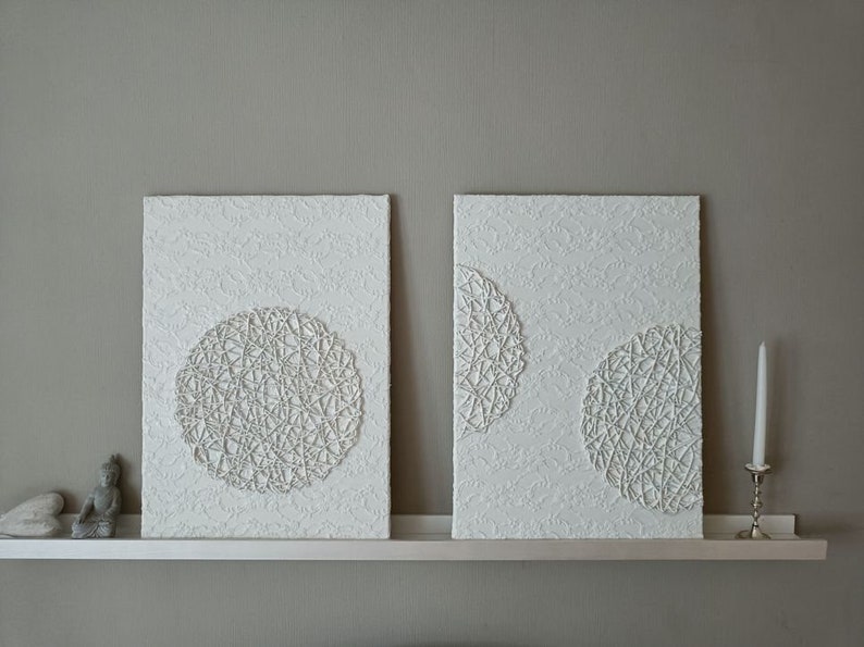 Strukturbilder, 2er Set, weiß Kreis, Unikat Original Shabby Chic mit dekorativem Stoffhintergrund, je x 50 x 70 cm Bild 5