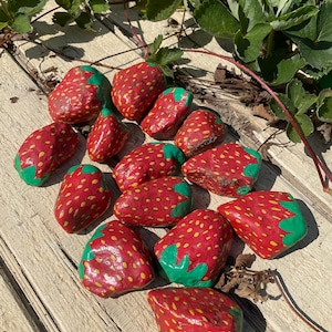 Set of 6 Strawberry Rocks for Garden - Bird Deterring Rocks, Garden Stones, Strawberry Painted Rocks, Garden Decor