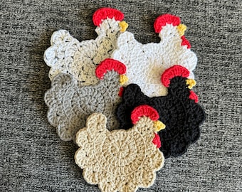 Crochet Chicken Coasters (Set of 4) - Handmade Cotton Yarn