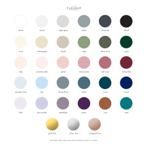 May include: Color chart with 24 different color swatches, including white, black, ivory, champagne, taupe, sage, dark olive, pine, lace, powder pink, petal, dusty pink, old rose, burgundy, powder blue, sky, dusty blue, steel, river, navy, lilac, periwinkle, amethyst, plum, rust, teal, gold foil, silver foil, and rose gold foil. The chart also includes the text "CARABAO STUDIO" and "printed colors may vary from what you see on screen".