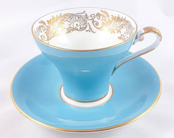 Aynsley Blue Tea Cup and Saucer Set with Gold Border, Corset Shape, Aynsley Bone China